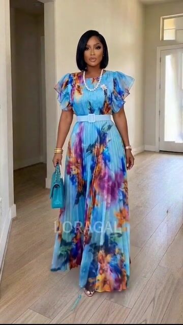Round Neck Puff Sleeve Floral Print Pleated Maxi Dresses-Blue