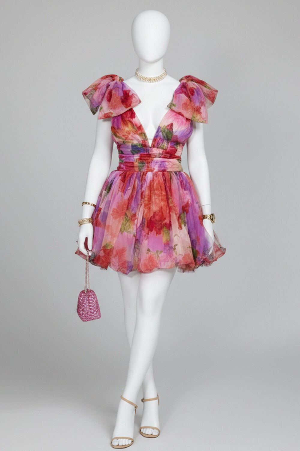 Deep V Neck 3D Ruffle Cinch Waist Floral A-Line Mini Dresses-Pink