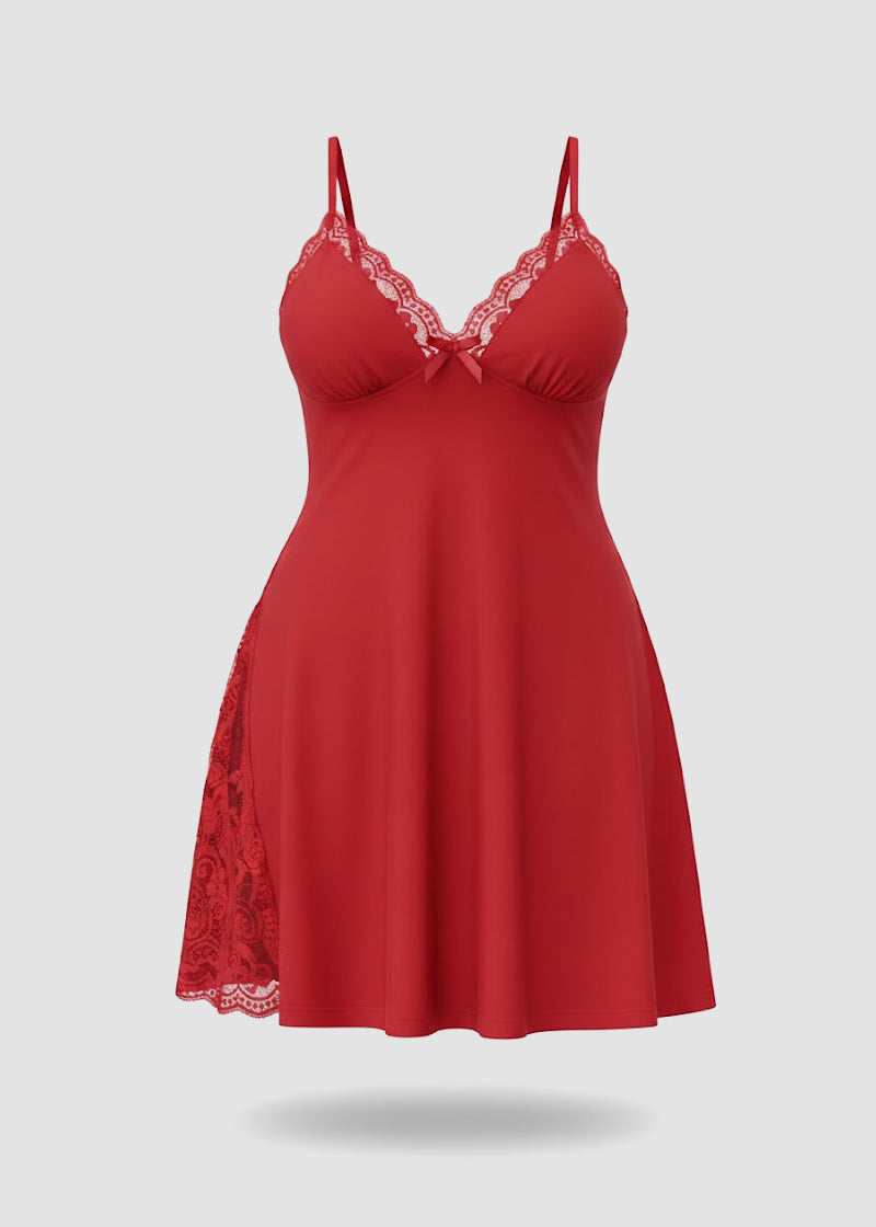 Plus Size Lace-Trim Cotton Nightdress with Side Slit & Adjustable Straps