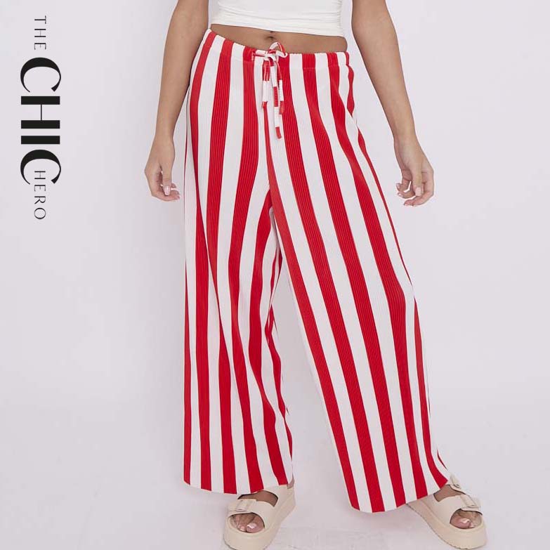 Red Stripes Abstract Print Wide-Leg Drawstring Palazzo Pleated Pants