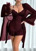 Lace Cami Nightgown & Floral Lace Trim Wide Sleeve Sheer Robe
