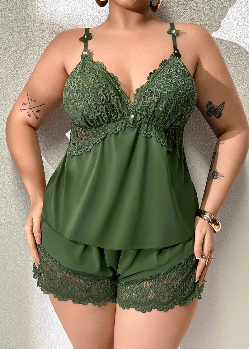Plus Size Lace Satin Cami Pajama Set – Sexy Two-Piece Sleepwear for Women