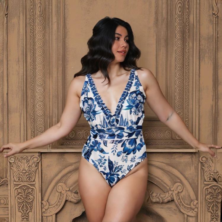 Chic Indigo Botanical Print One-Piece Swimsuit&Skirt