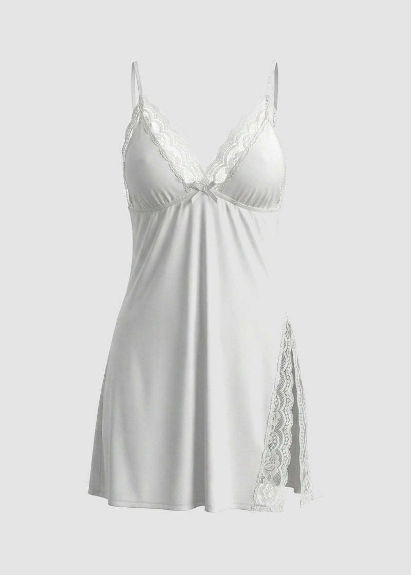Sexy Milk Silk Lace Babydoll Nightdress with Side Slit