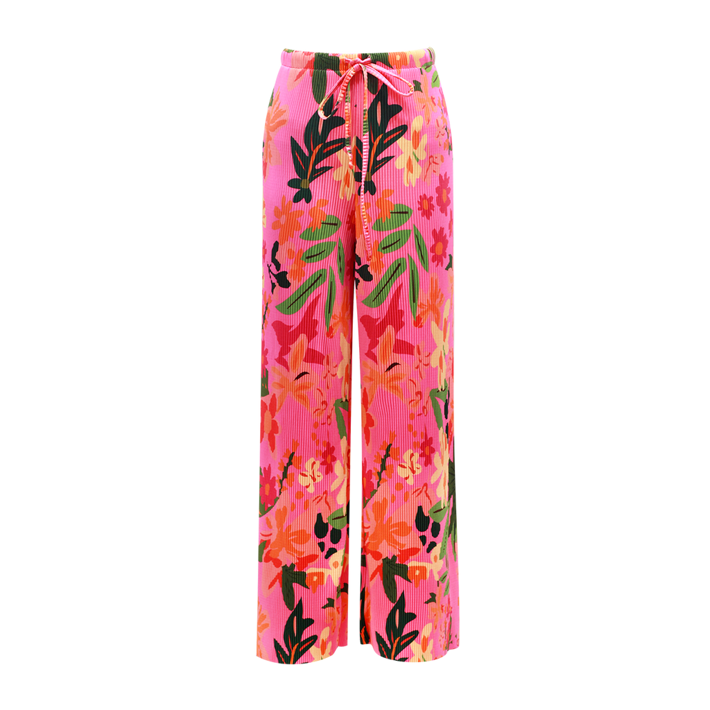 Colorful Floral Sleeveless Tropical Pattern V-Neck Vest Top & Pleated Pants