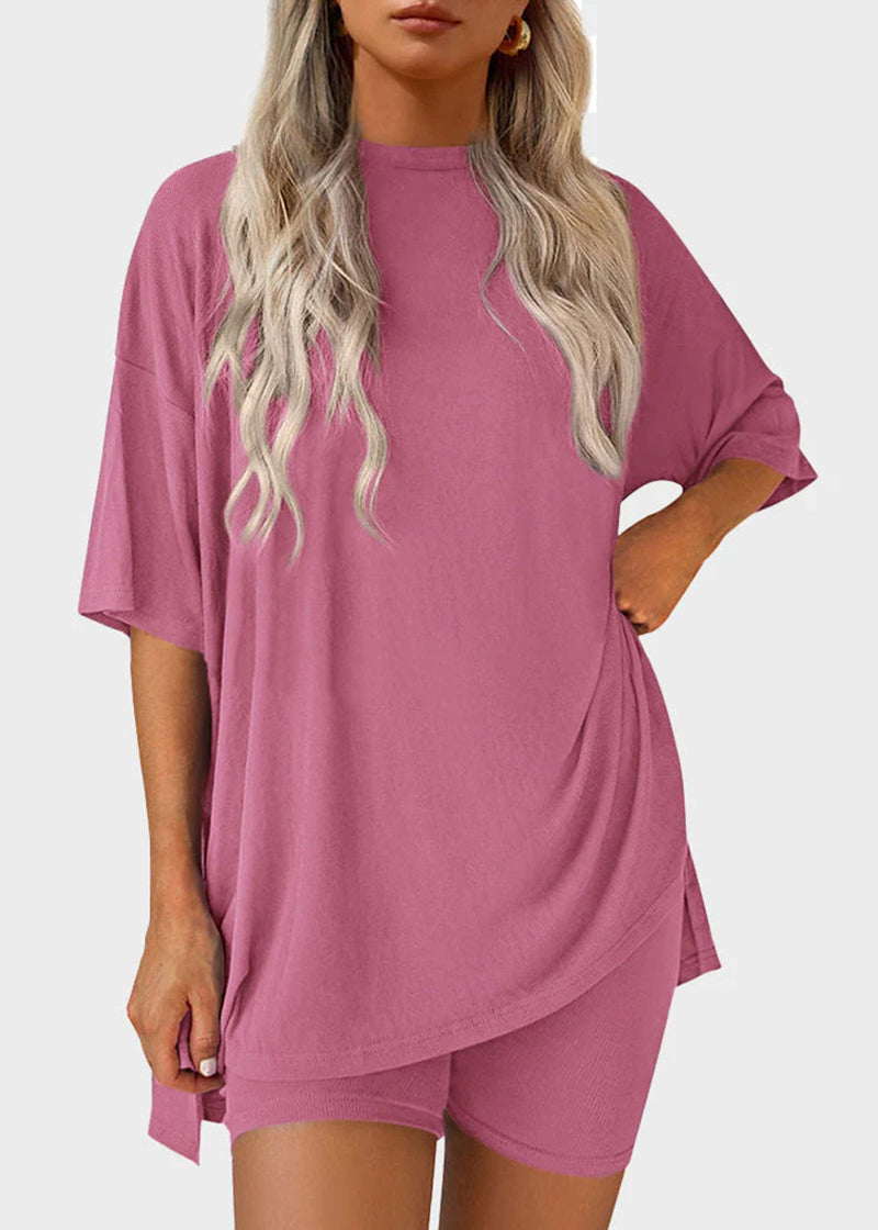 Casual Oversized 2-Piece Lounge Set with Crewneck & Split Hem