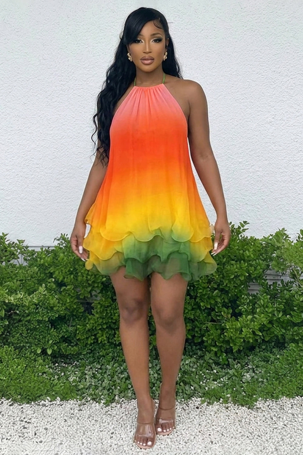 Halter Gradient Color Ruffle Vacation Mini Dresses-Multicolor