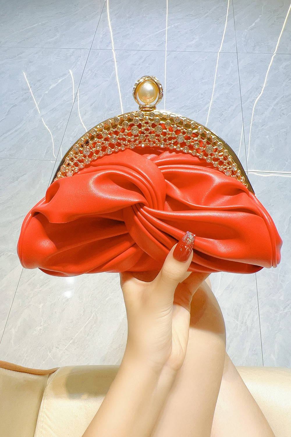 Rhinestone Embellished Ruched PU Leather Evening Clutch Bag