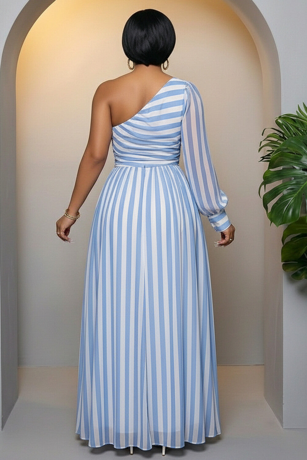 One Shoulder Cinch Waist High Slit Striped Maxi Dresses-Blue