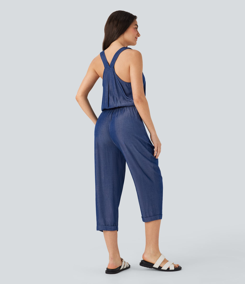 Drawstring Tapered Denim Like Casual Jumpsuit with Pockets