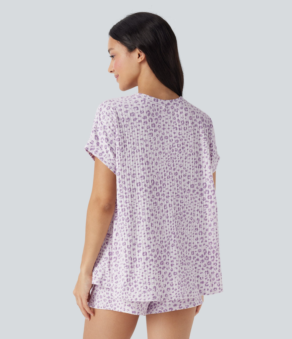 Round Neck Short Sleeve Leopard Print Lounge Top