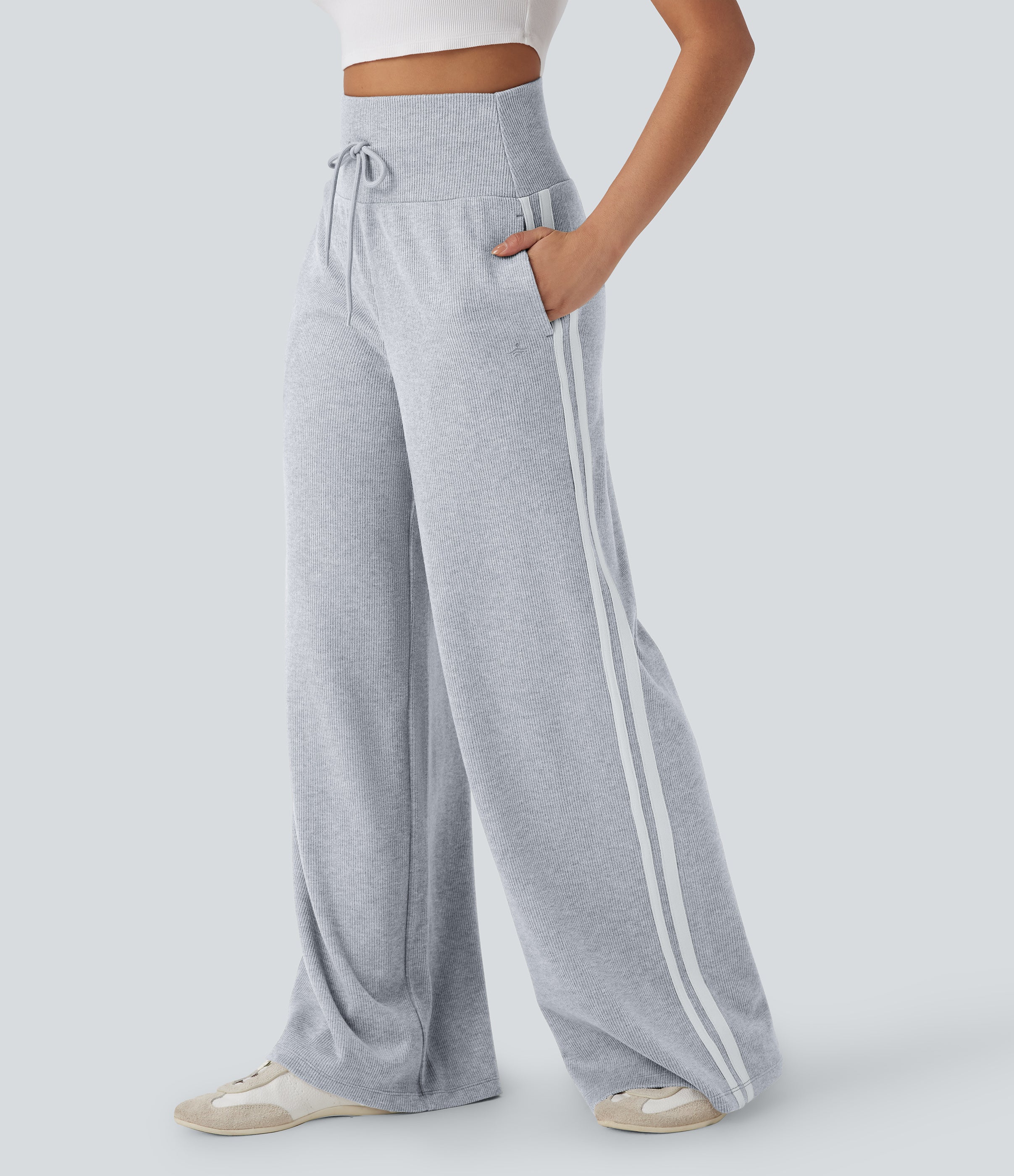 2026🔥 Ribbed SoCinched High Waisted Tummy Control Drawstring Wide Leg Color Block Casual Trousers with Pockets