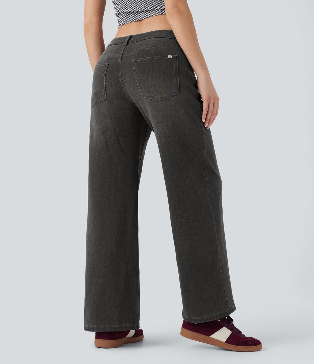 FlexTM Asymmetric Low Rise Zipper Pockets Baggy Wide Leg Washed Casual Jeans