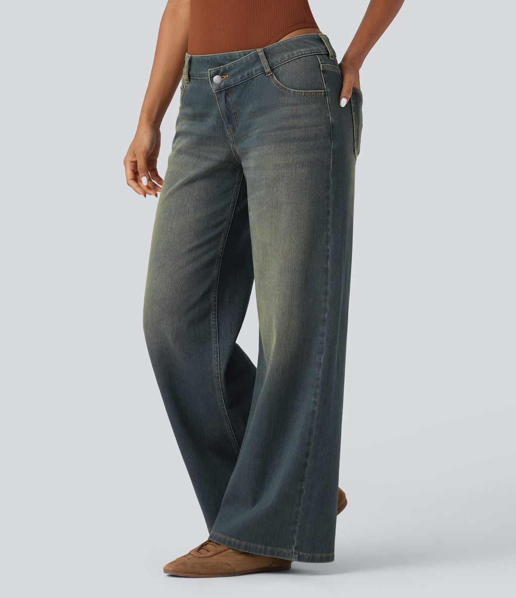 FlexTM Asymmetric Low Rise Zipper Pockets Baggy Wide Leg Washed Casual Jeans