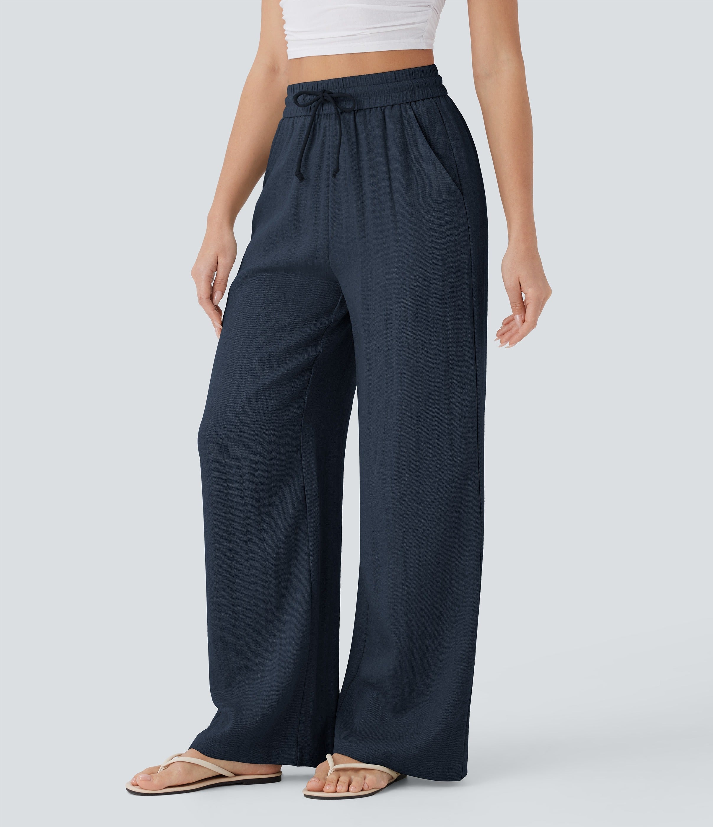2026🔥 High Waisted Drawstring Pocket Wide Leg Casual Linen-Feel Pants