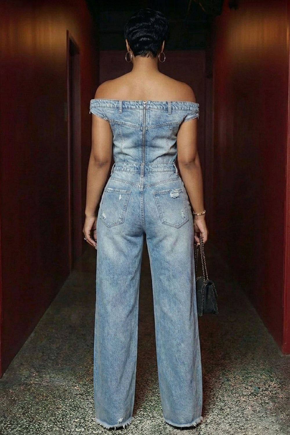 Off Shoulder Back Zipper Top Ripped Raw Edge Jumsuits-Blue