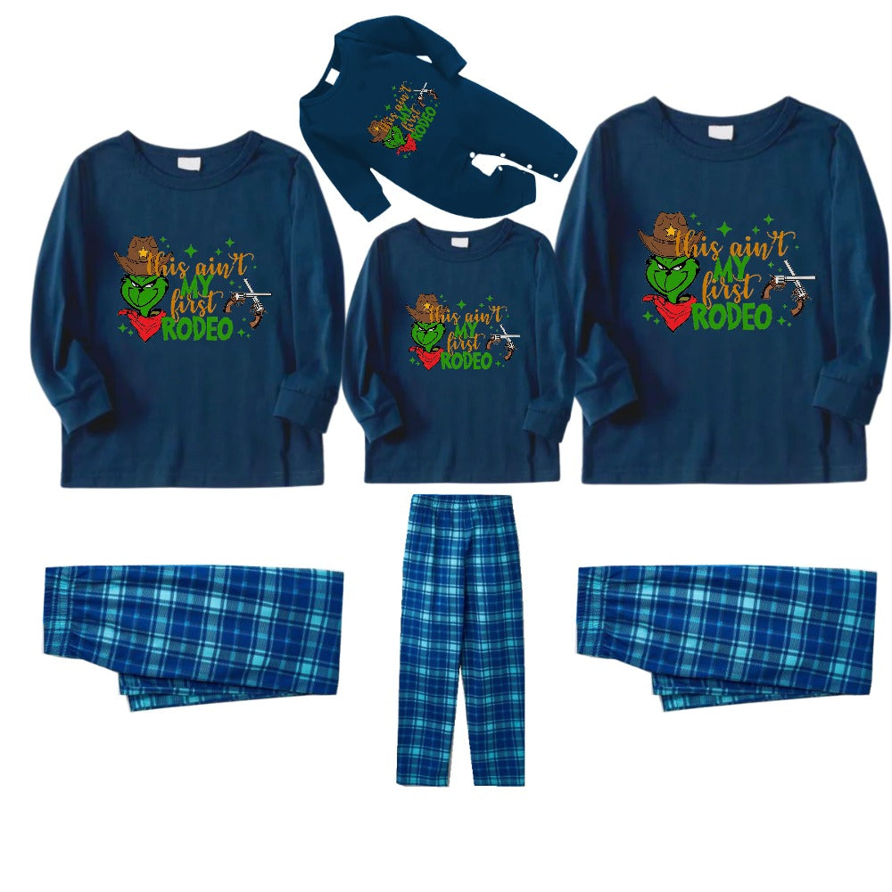 Christmas Family Matching Pajamas-Navy & Sky Blue Plaid Pjs Set with "This Ain't My First Rodeo" and Grinch Pattern Print