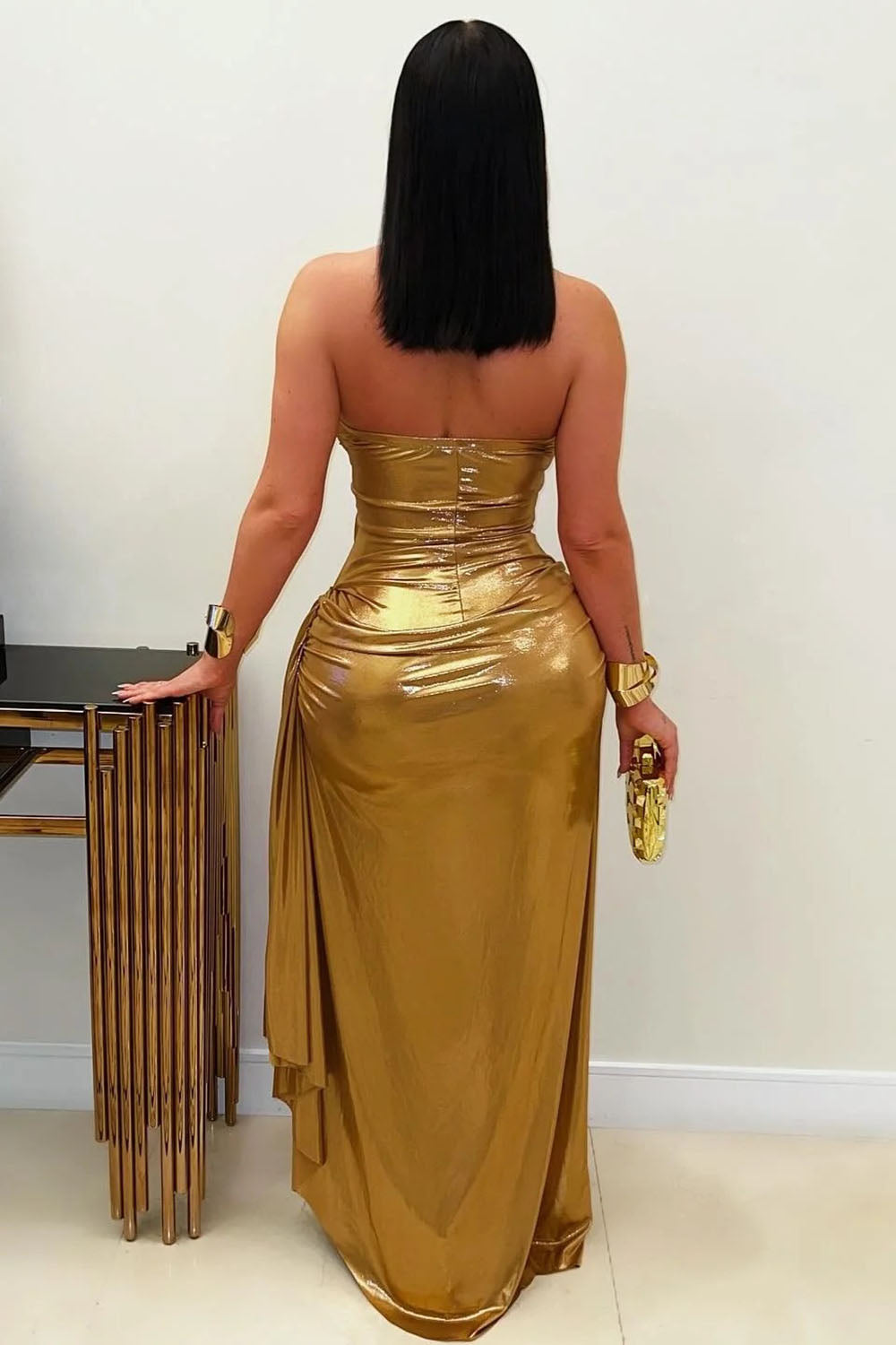 Halter V Neck Backless Gathered Metallic Party Maxi Dresses-Gold