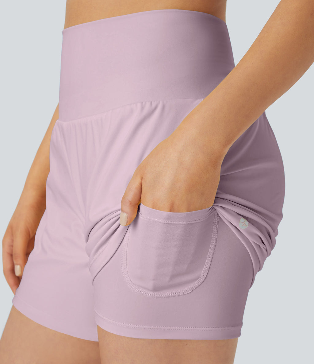 2026🔥UK Super High Waisted Back Pocket & Side Hidden Pocket 2-in-1 Yoga Shorts-Pink Purple