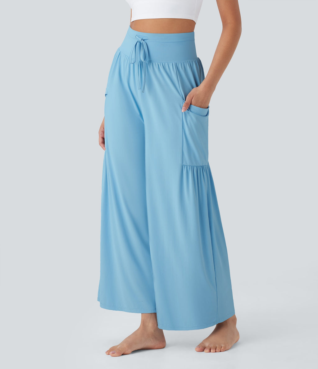 SoCinched High Waisted Tummy Control Drawstring Wide Leg Cool Touch Yoga Pants with Pockets-UPF50+