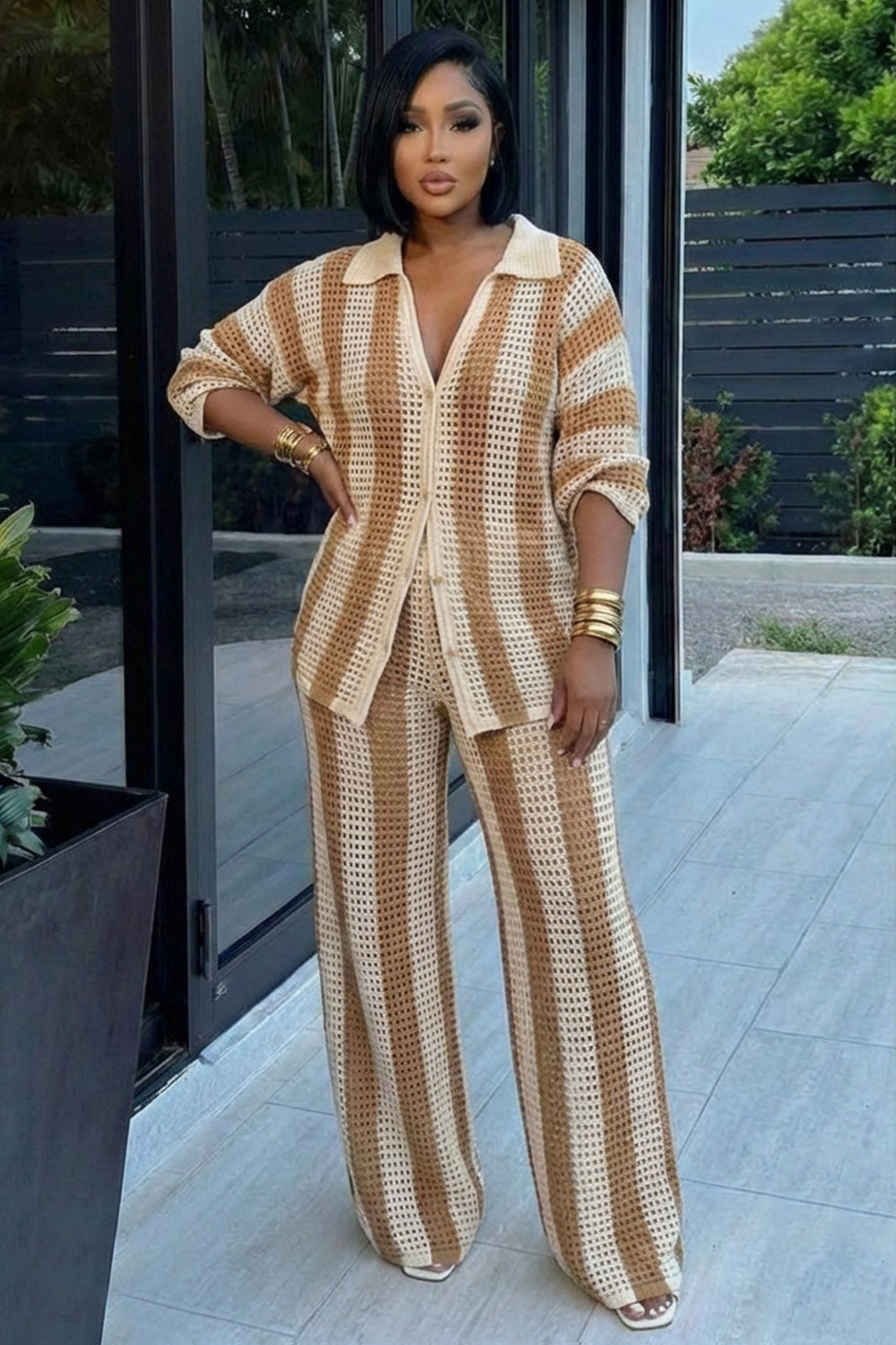 Striped Crochet Turndown Collar Shirt Pants 2pcs Set-Khaki