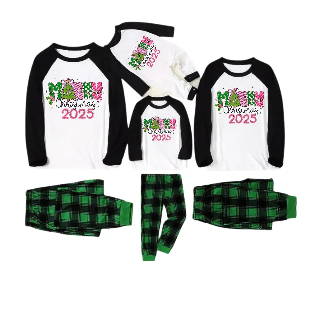 Black Raglan Top Green Plaid Christmas Pajamas Set With Merry Christmas 2025 Holiday Text