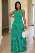 Halter Backless Cinch Waist Ruffle Trim Casual Maxi Dresses-Green