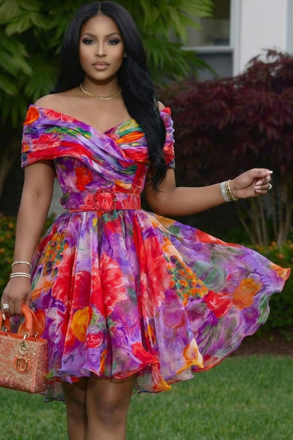 Off Shoulder Floral Print A-Line Vacation Mini Dresses-Multicolor