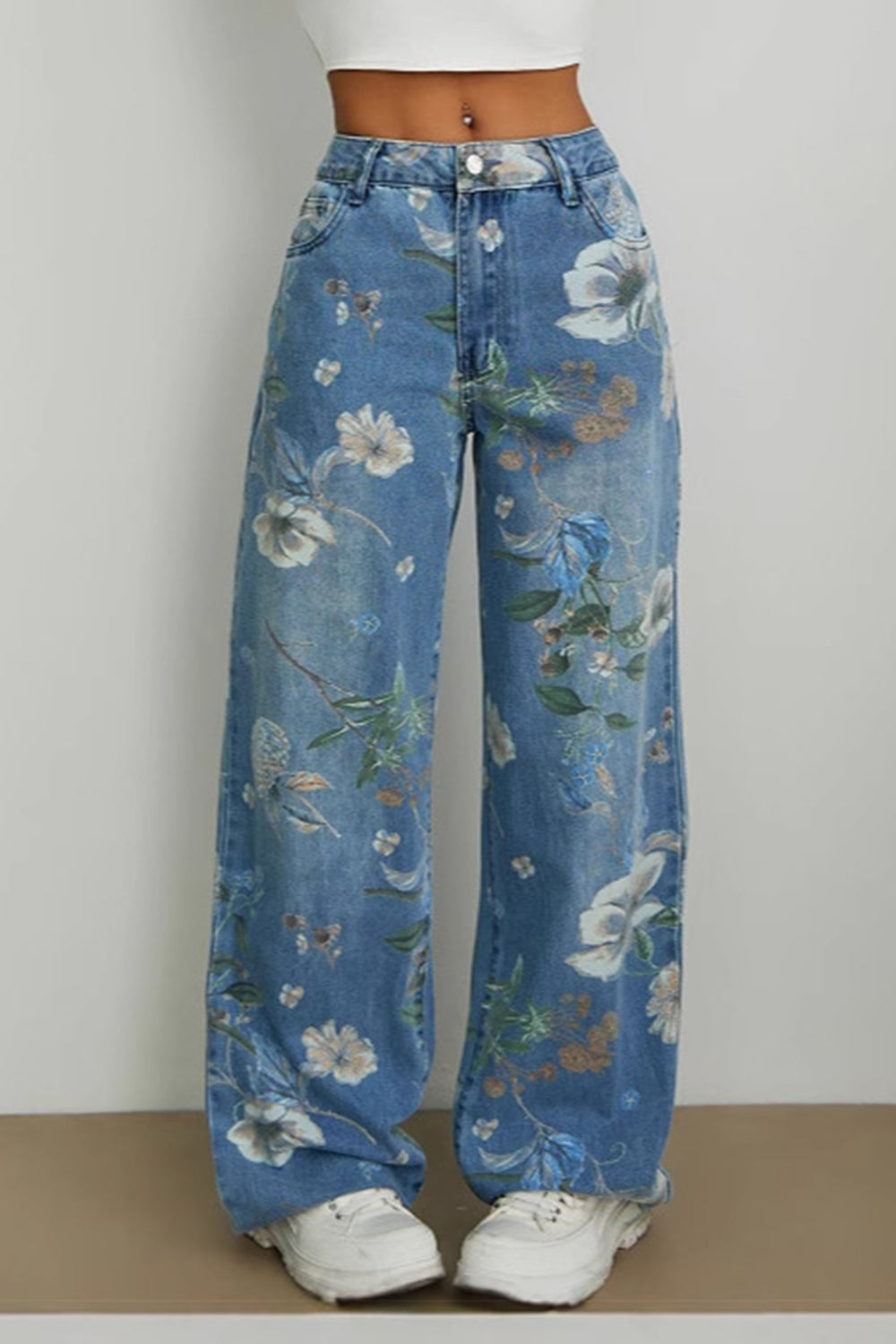 Floral Pattern Decor Loose Fit Straight Wide Leg Denim Casual Jeans-Blue