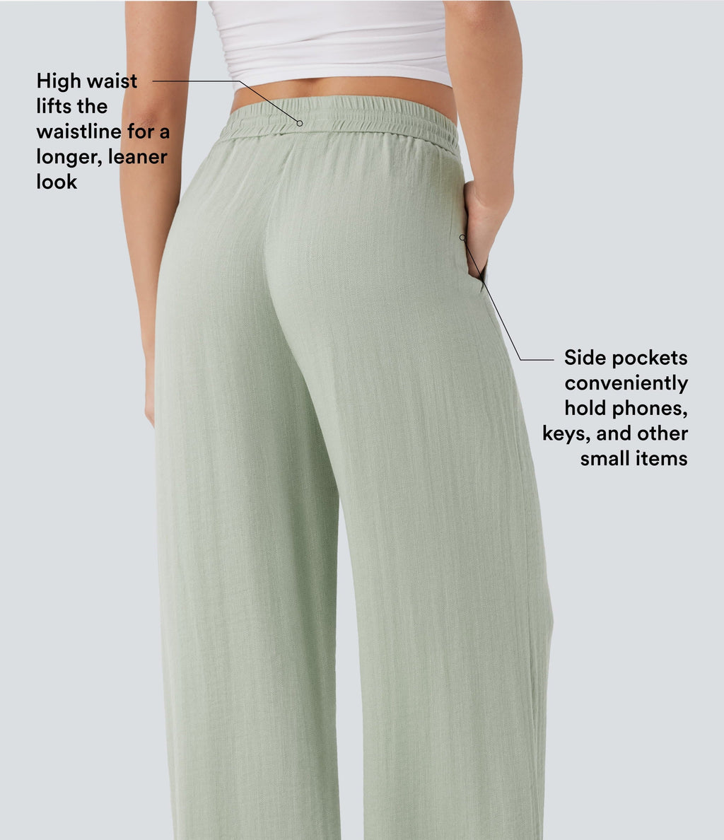 Women Summer High Waisted Drawstring Pocket Wide Leg Casual Linen-Feel Pants