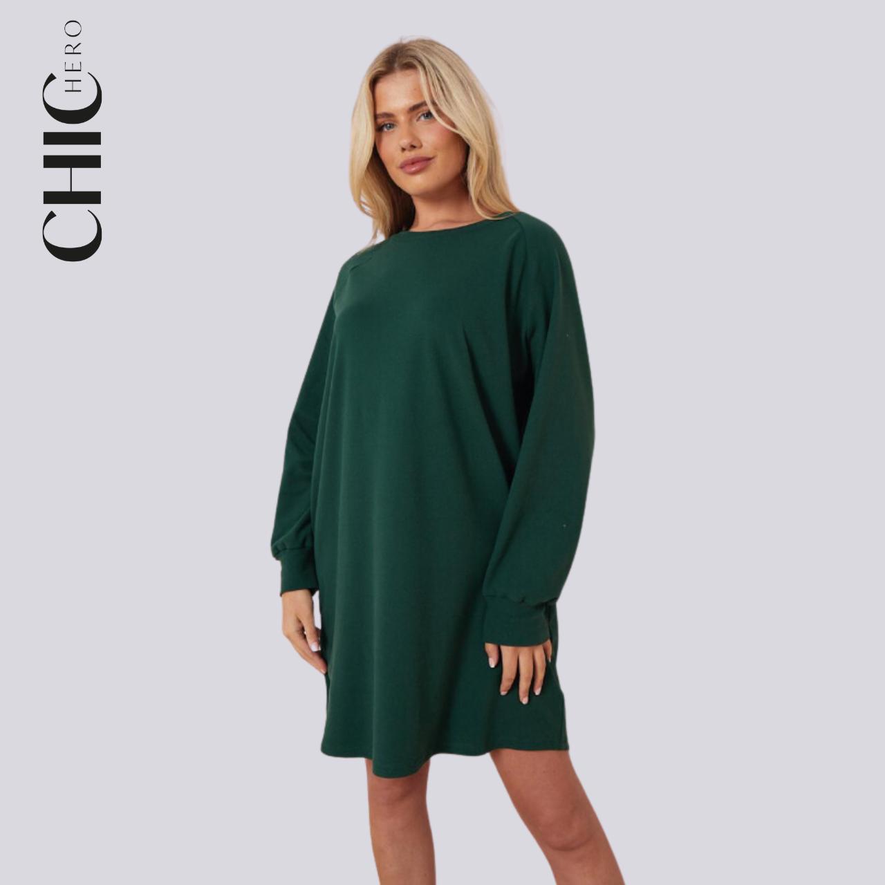 ChicHero Women's Long Sleeve Dress Brushed Jersey Casual Loose Fit Crewneck Raglan Dress Oversized Long Jersey Tops