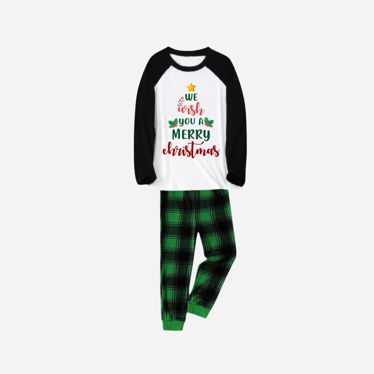 Black Raglan Top Green Plaid Christmas Pajamas Set With "We Wish You a Merry Christmas" Text Print
