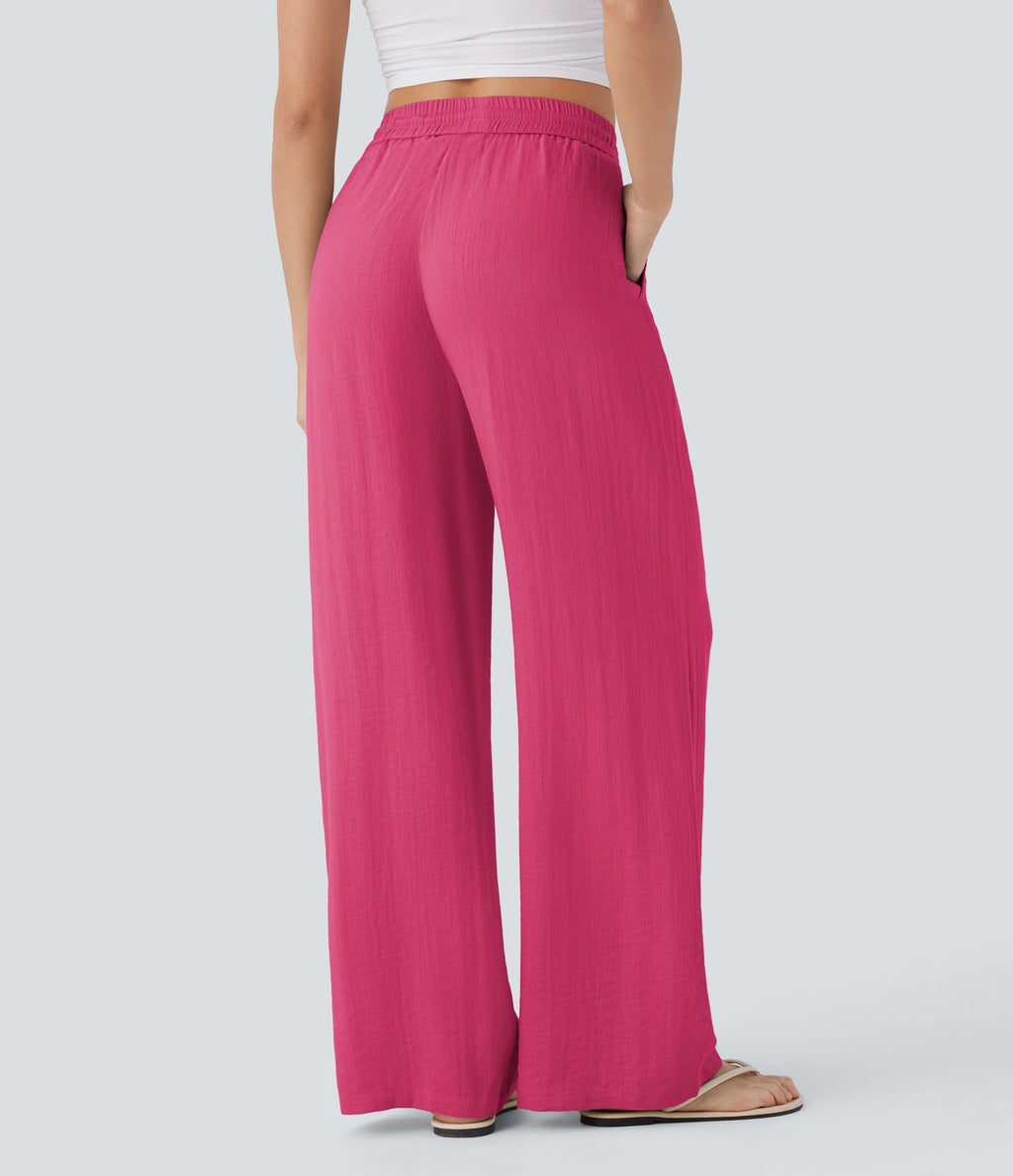 Women Summer High Waisted Drawstring Pocket Wide Leg Casual Linen-Feel Pants