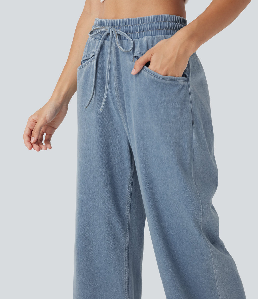 FlexTM High Waisted Drawstring Wide Leg Cool Touch Casual Jeans with Pockets