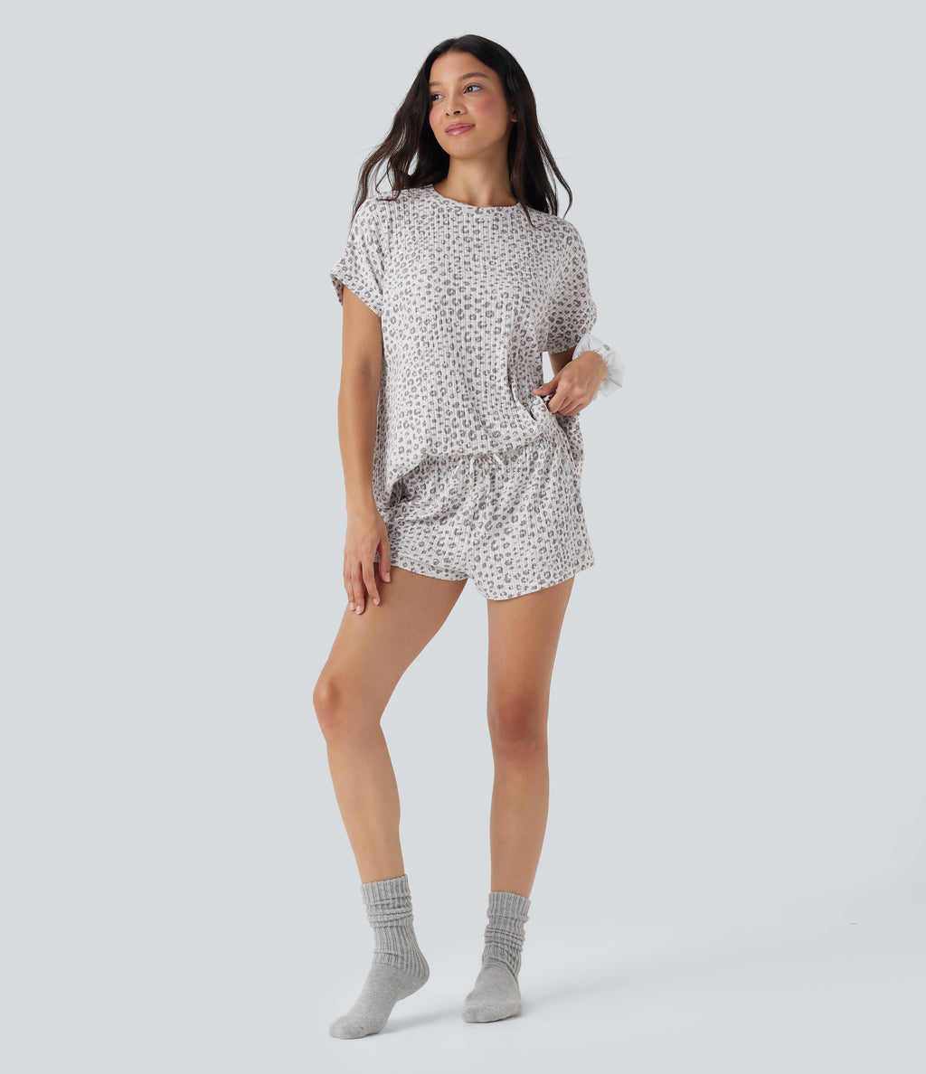 Round Neck Short Sleeve Leopard Print Lounge Top