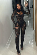 See-Through Guipure Lace Backless Bodycon Party Jumpsuit-Black