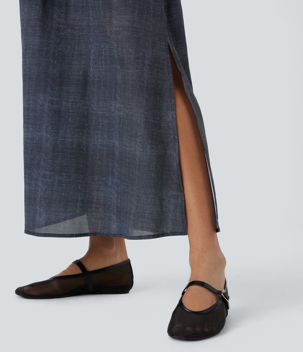 Sleeveless Drawstring Maxi Casual Dress with Pockets