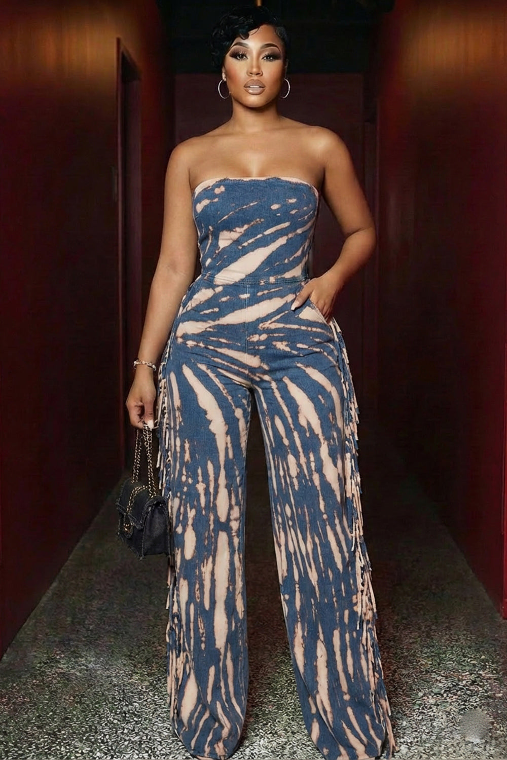 Strapless Cinch Waist Tassel Striped Wide Leg Jumpsuit-Blue