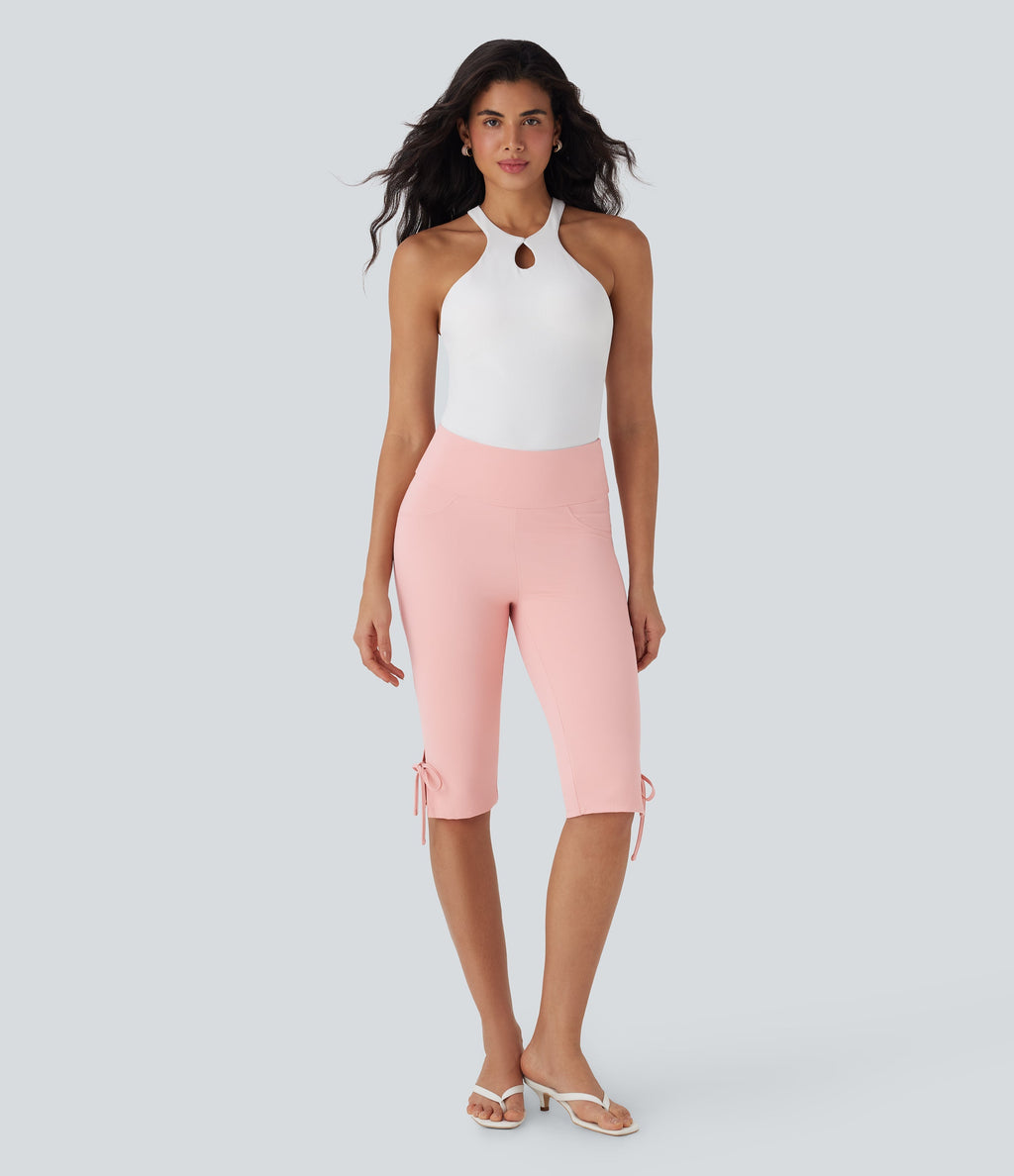 Mid Rise Lace Up Capri Casual Pants with Pockets