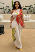 One Shoulder Sleeveless Floral Print Vacation Maxi Dresses-Beige