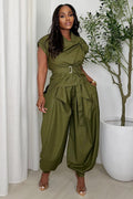 Round Neck Cap Sleeve Top Cuffed Pants Casual 2pcs Set-Green [Pre Order]