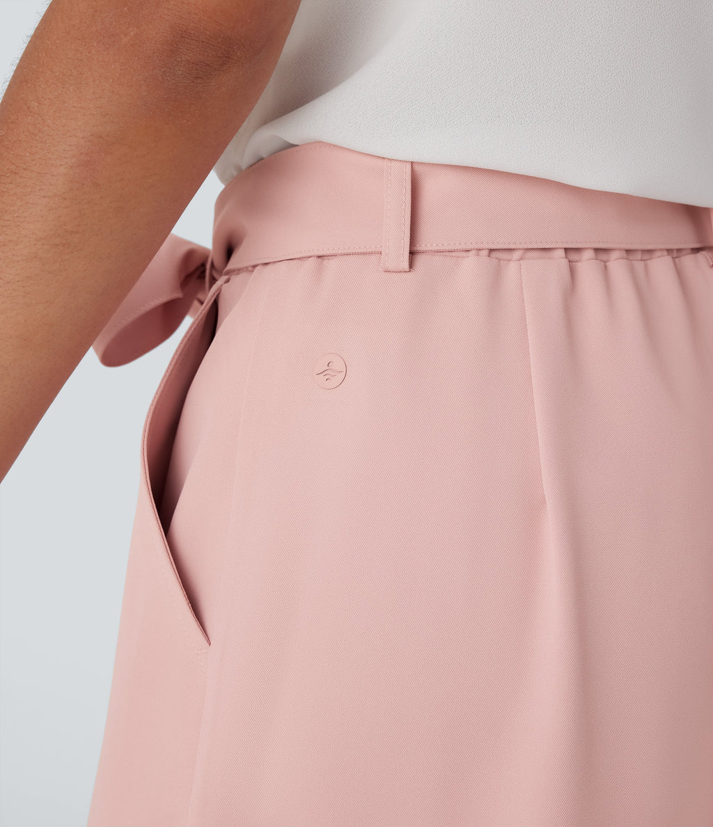 High Waisted Belted Wide Leg Cropped Work Pants with Pockets