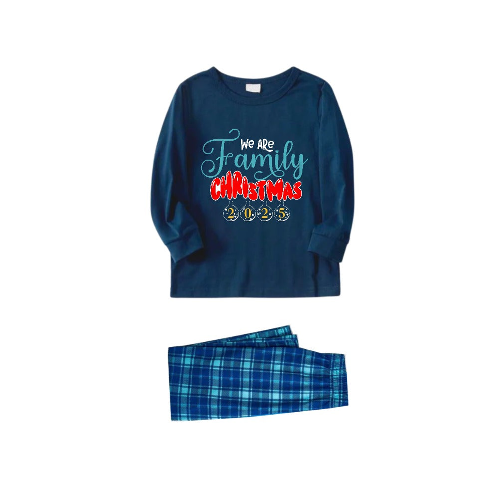 Christmas Family Matching Pajamas-Navy & Sky Blue Plaid Pjs Set with "We Are Family" Christmas Slogan Print