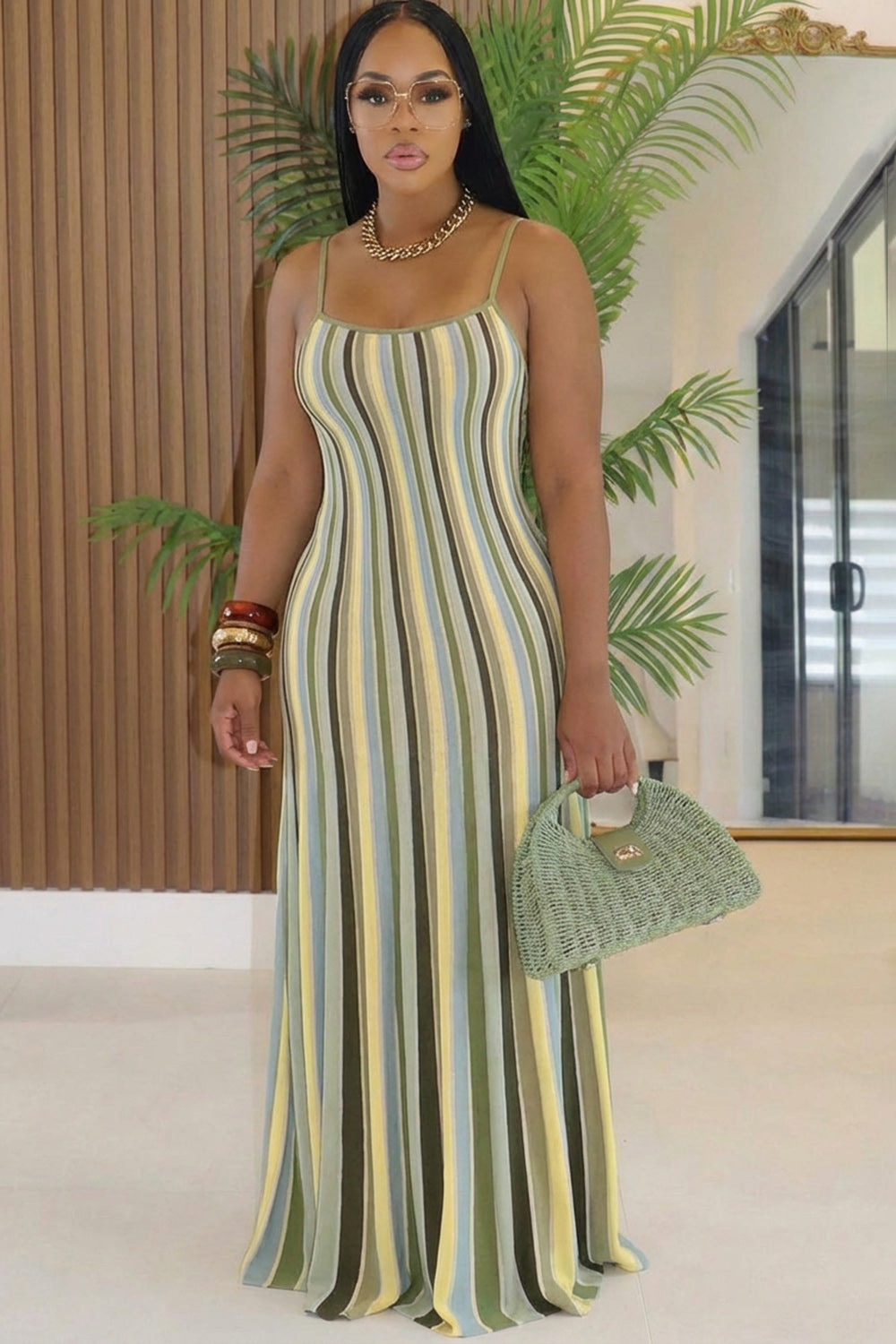 Spaghetti Strap Cinch Waist Striped Casual Maxi Dresses-Green