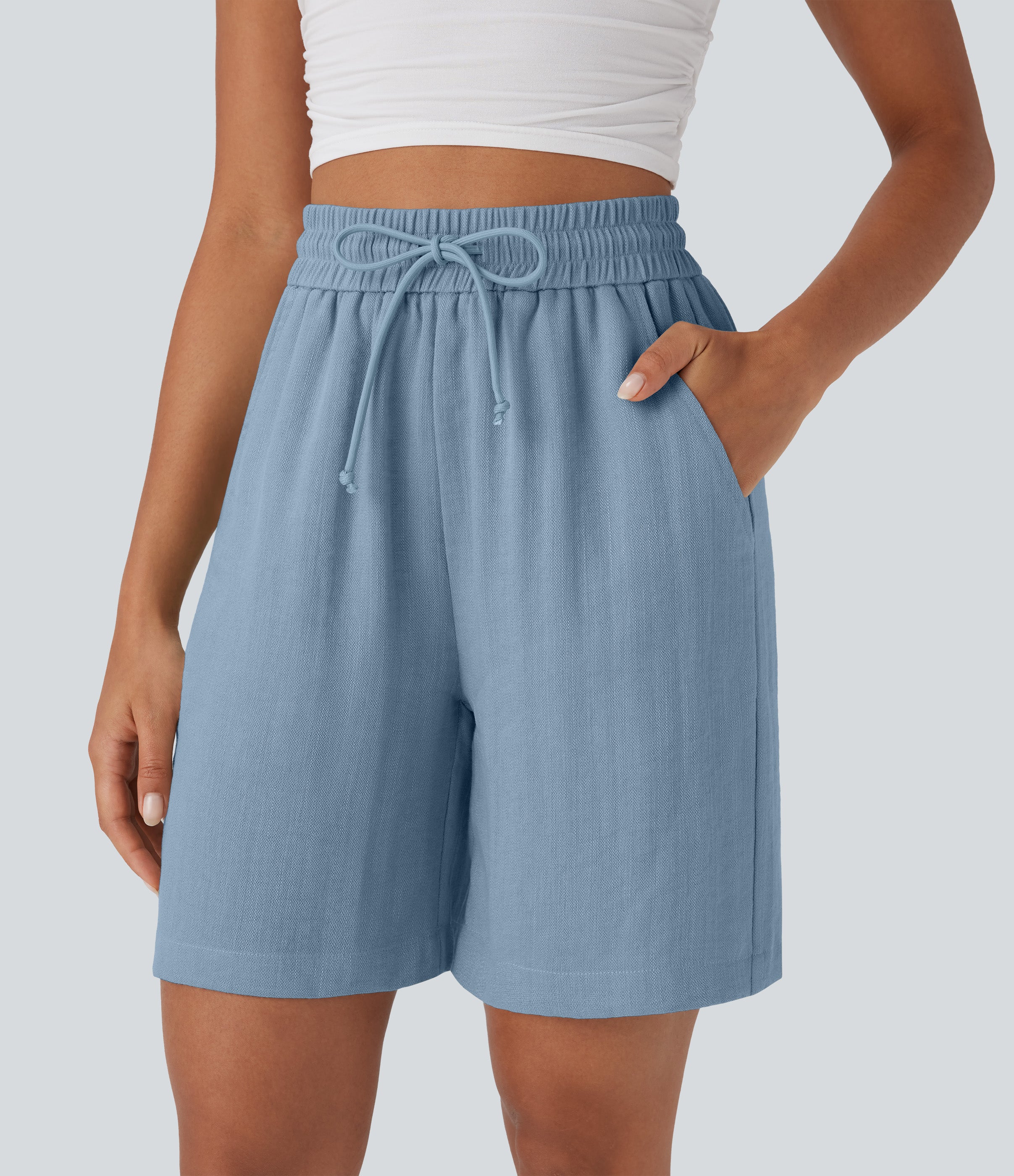 High Waisted Drawstring Casual Linen-Feel Shorts with Pockets