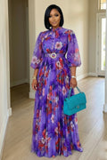 Tie Neck Balloon Sleeve Floral Pleated Casual Maxi Dresses-Purple