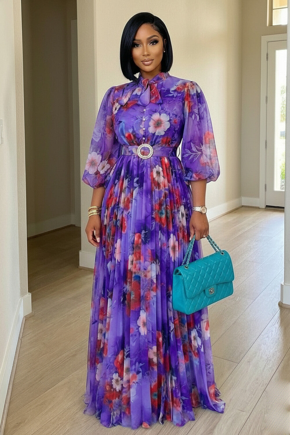 Tie Neck Balloon Sleeve Floral Pleated Casual Maxi Dresses-Purple