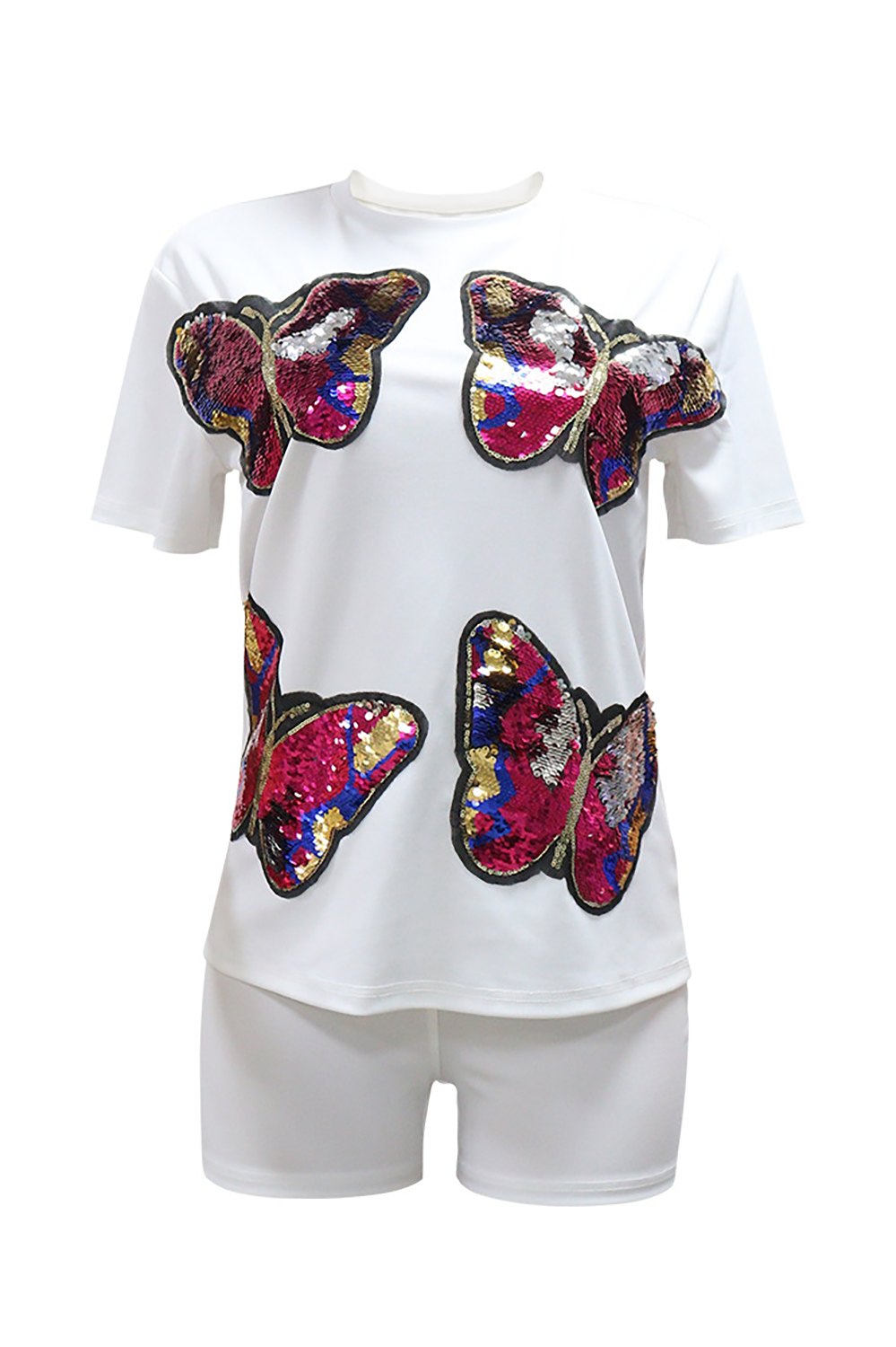 Sequin Butterfly Pattern Short Sleeve T-shirt Casual Shorts 2pcs Set-White