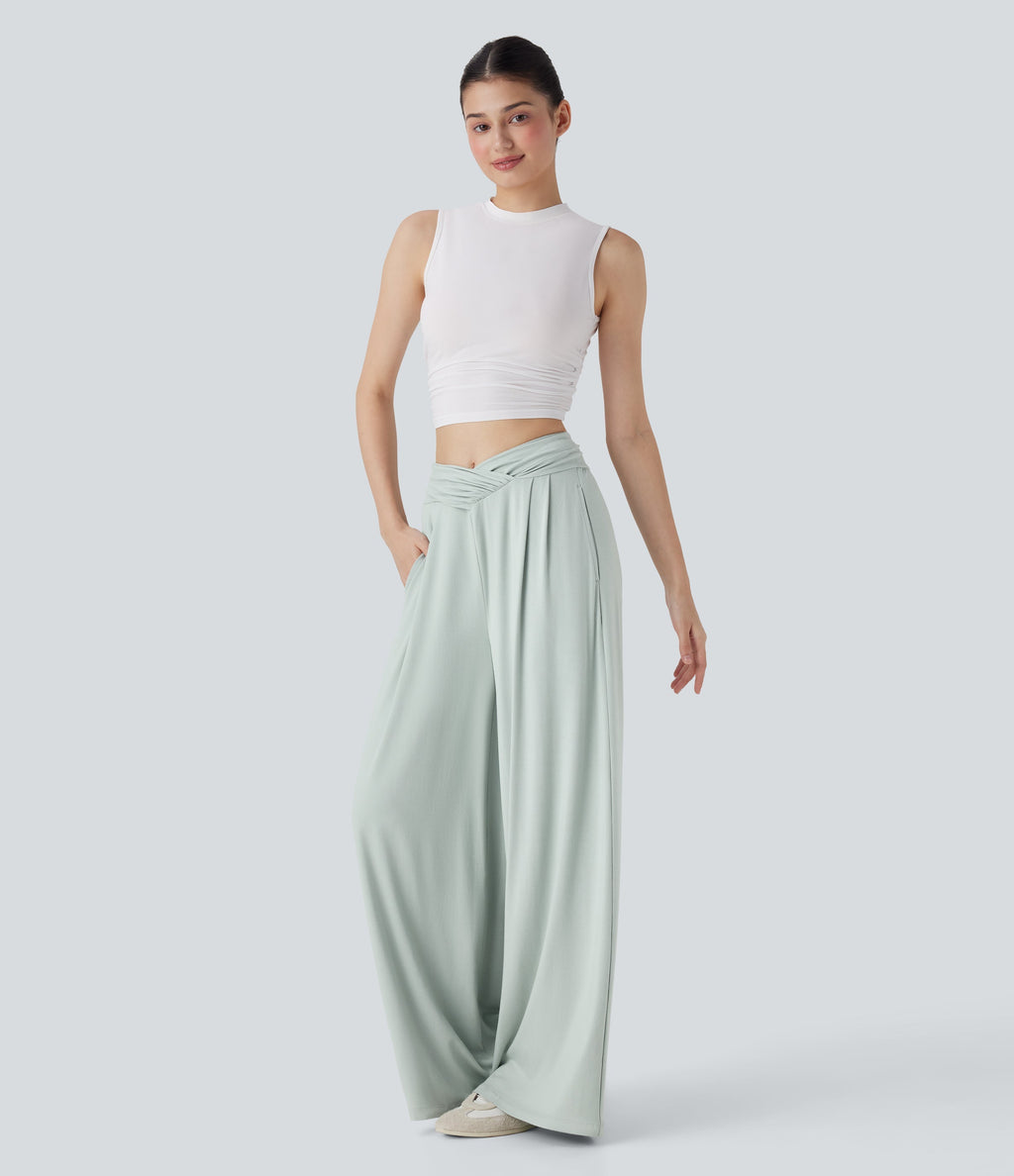 Mid Rise Crossover Ruched Wide Leg Casual Pants with Pockets
