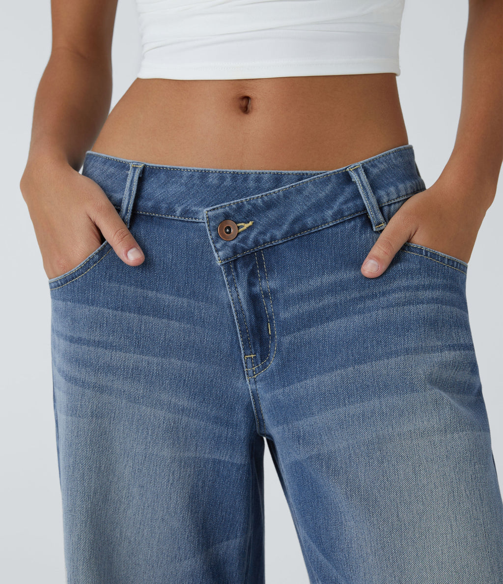 FlexTM Asymmetric Low Rise Zipper Pockets Baggy Wide Leg Washed Casual Jeans